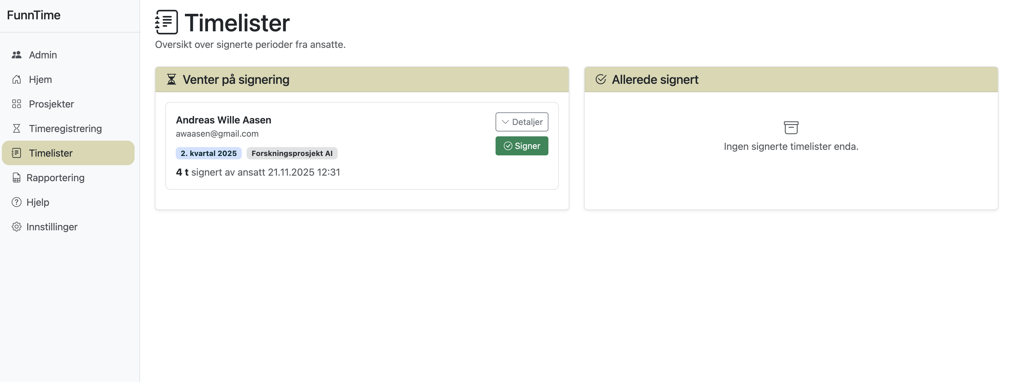 Skjermbilde av timelister i FUNNtime