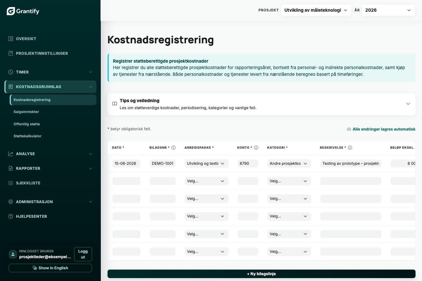 Kostnadsregistrering i Grantify med bilagsnummer, arbeidspakke og kostnadskategori