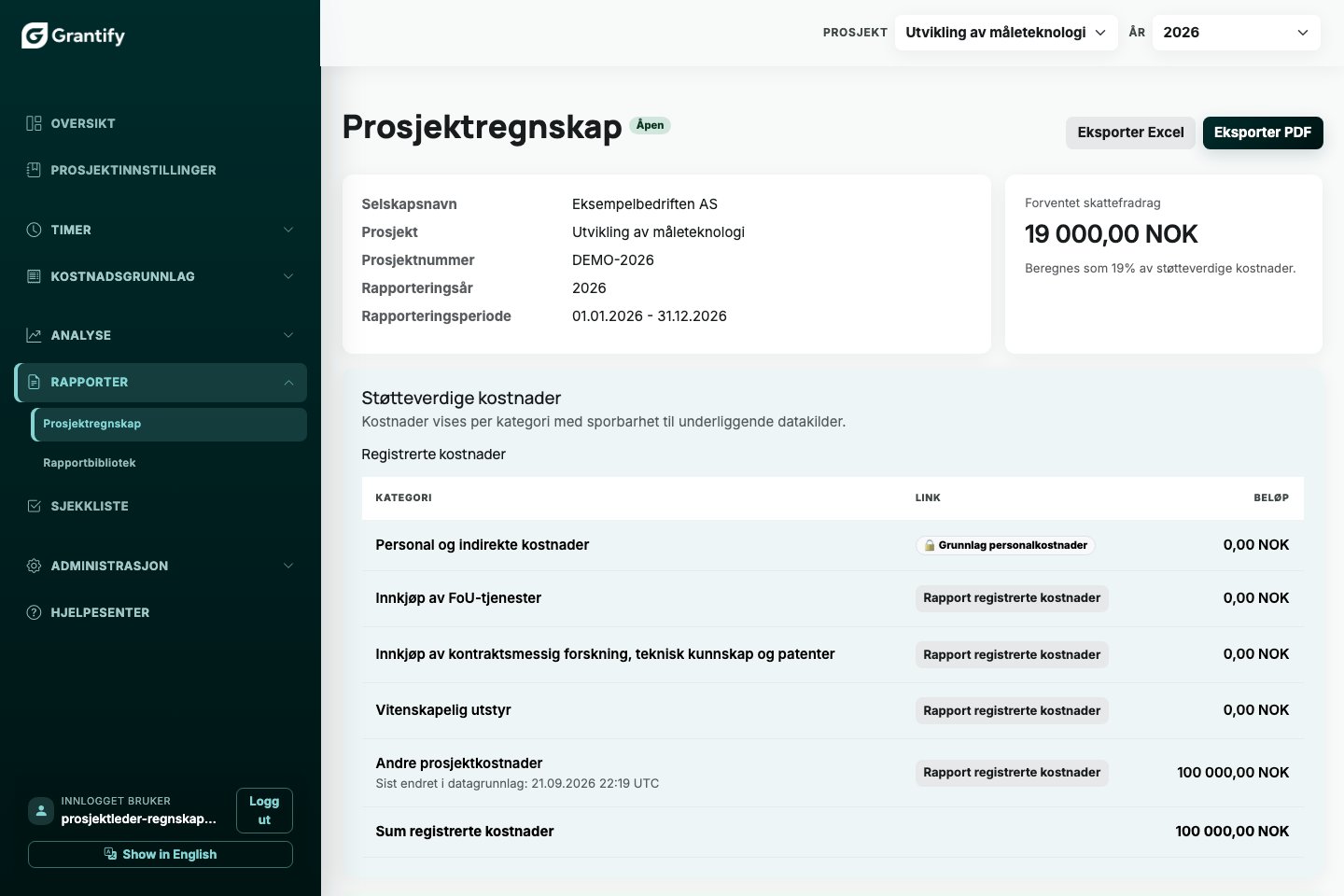 Prosjektregnskap i Grantify med kostnadskategorier og forventet skattefradrag